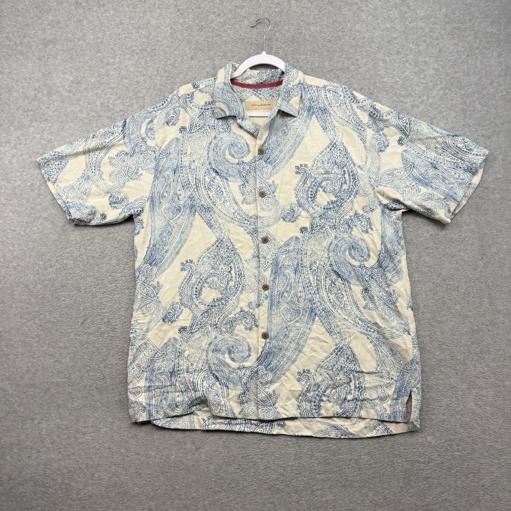 Tommy Bahama Men's Short Sleeve Button Up Shirt Paisley Blue Ivory L 100% Silk